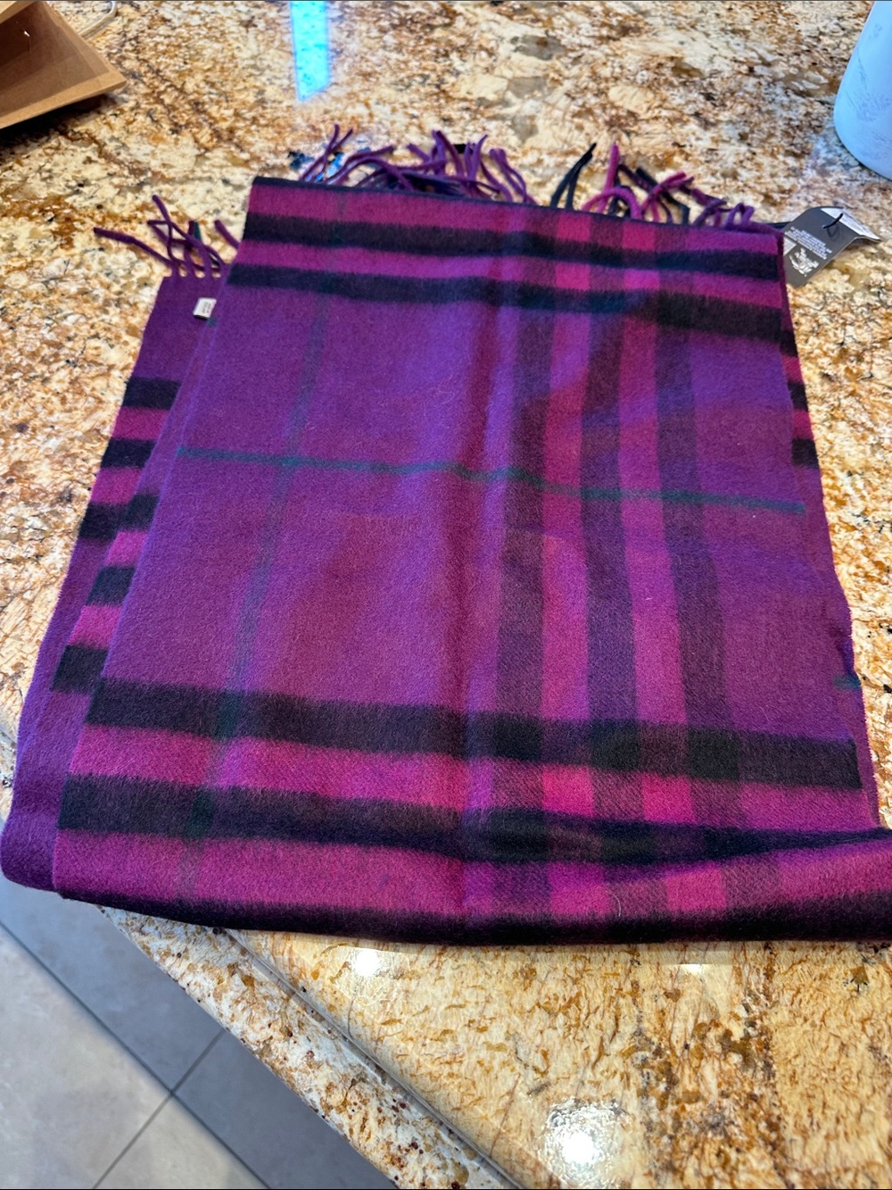 Burberry Purple Plaid Fringe Scarf